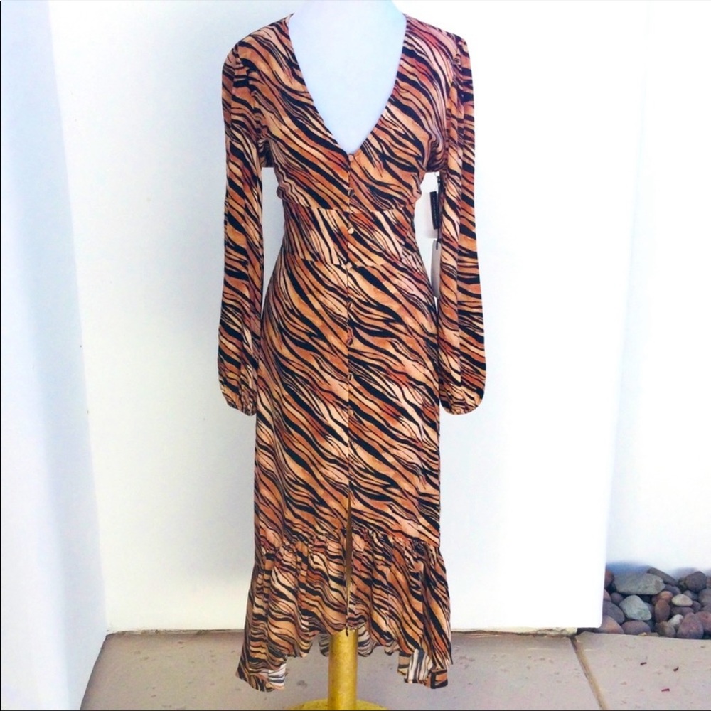 Leith Tan Tiger Dye High Low Button Down Dress